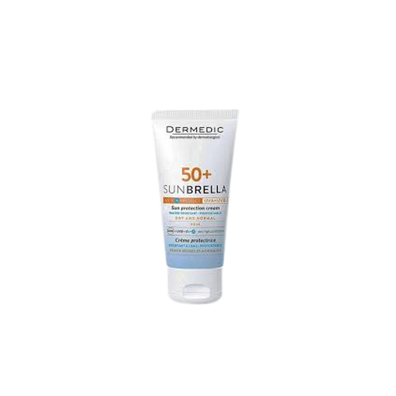 Dermedic Sunbrella Ecran SPF50+ Peaux Sèches à Normales 50ml tube blanc et bleu ciel avec bouchon clips
