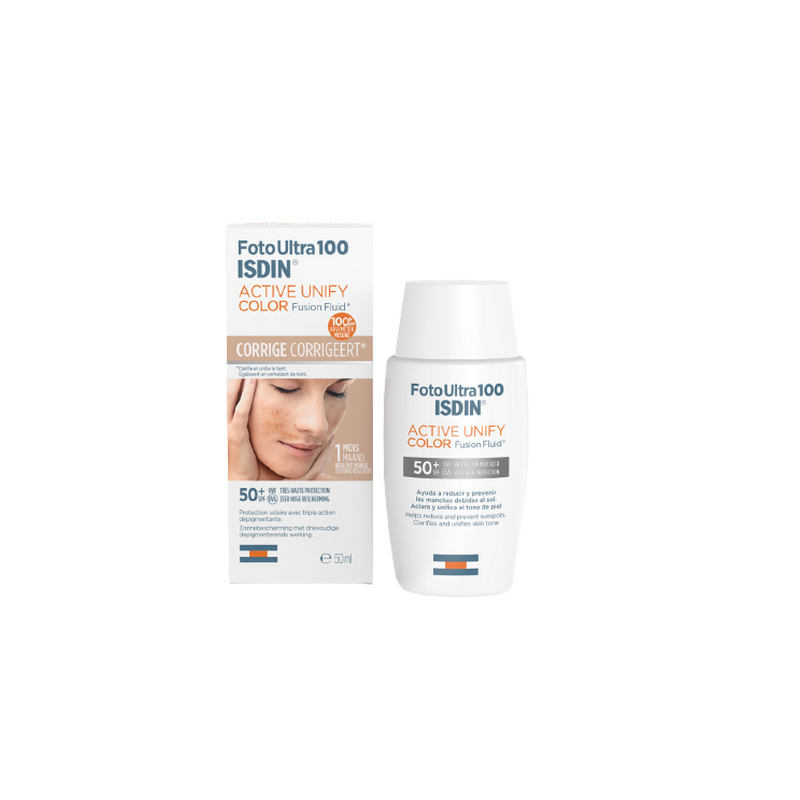 Isdin Foto Ultra 100 Active Unify Color Fusion Fluid SPF 50+ 50ml flacon blanc avec bouchon facile