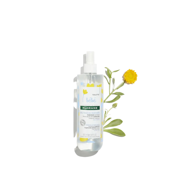 Klorane Bébé Eau Fraîche Parfumée au Calendula 500ml flacon transparent avec bouchon blanc