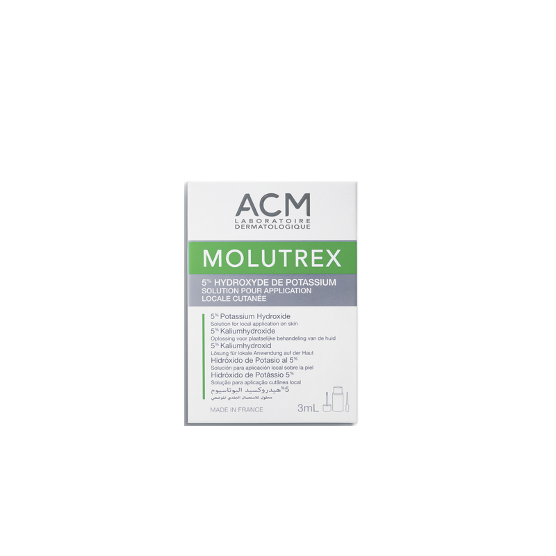 ACM Molutrex 5% d'Hydroxyde de Potassium 3ml, boite blanche avec bande verte et grise
