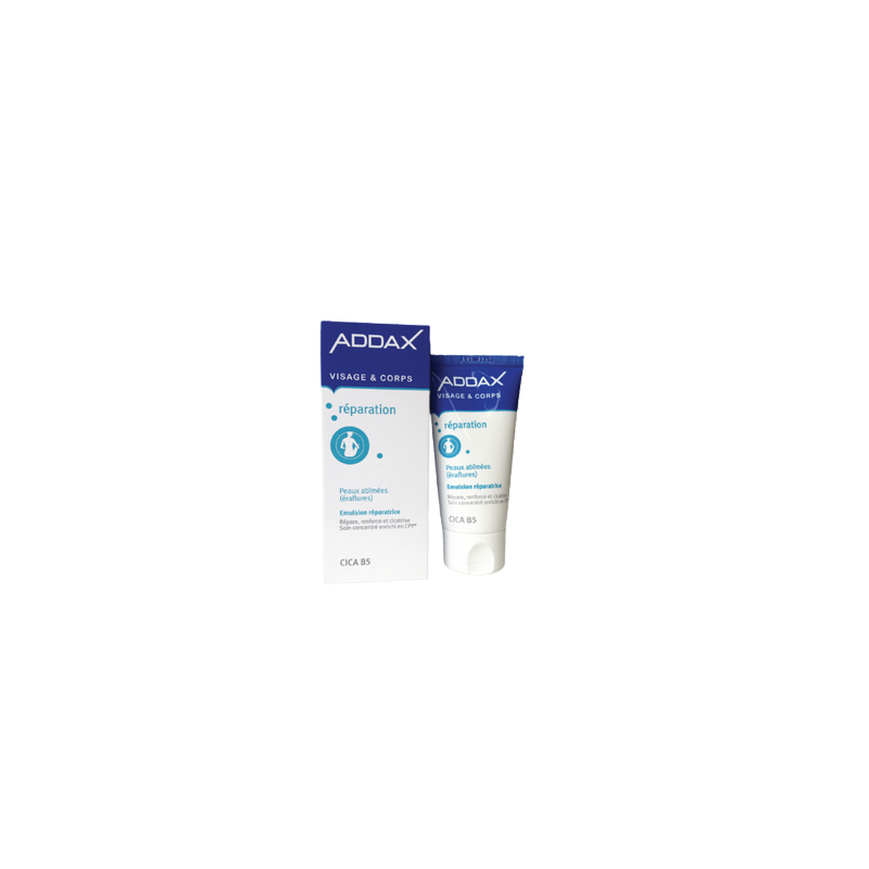 Addax Émulsion Réparatrice Cicatrisant Visage et Corps 50m, flacon blanc et bleu souple avec bouchon vis