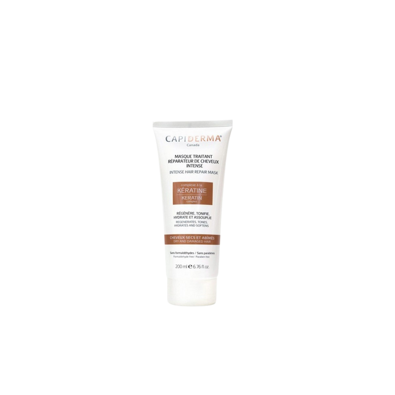 Capiderma Masque Réparateur De Cheveux Intense À La Kératine 200ml flacon souple blanc et brun avec bouchon clips