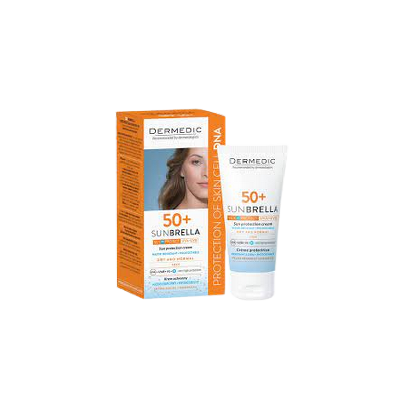 Dermedic Crème Sunbrella SPF50+ Peau Mixtes à Grasses 50ml tube souple blanc et bleu ciel avec bouchon clips