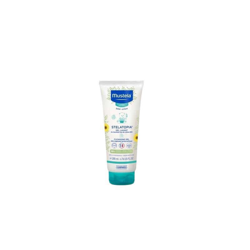 Mustela Gel Lavant Stelatopia 200ml tube blanc avec bouchon clips